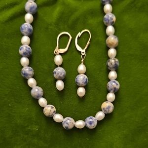 Blue Stone and White Bead 27" Necklace and Earring Set - Women Jewelry